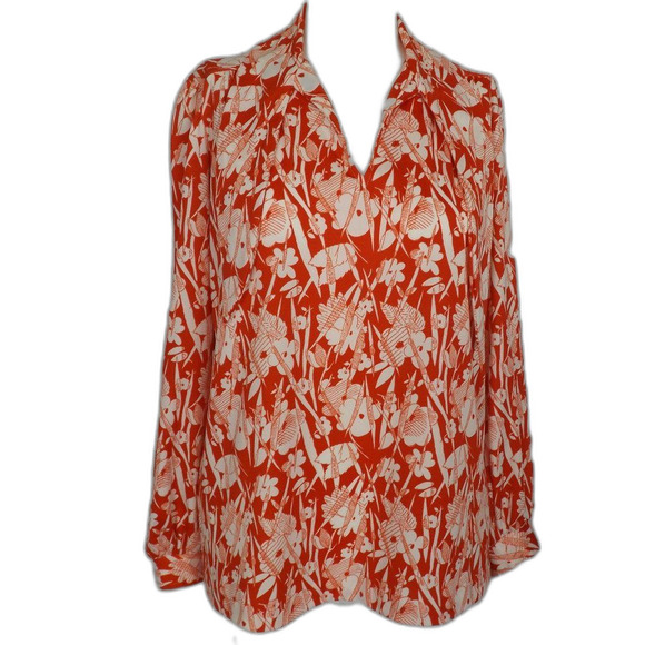 FIRE ISLANDER Vintage Blouse, M, Red-Orange/White, Sketched Floral, Long slvs - Picture 11 of 13